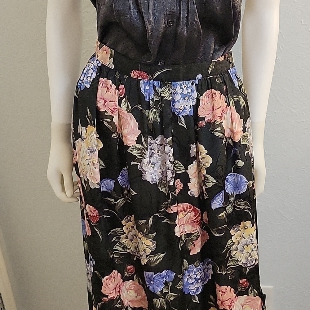 VTG Leslie Fay 1970s Impressionist Floral Satin Maxi Skirt Size 12 - Picture 5 of 8